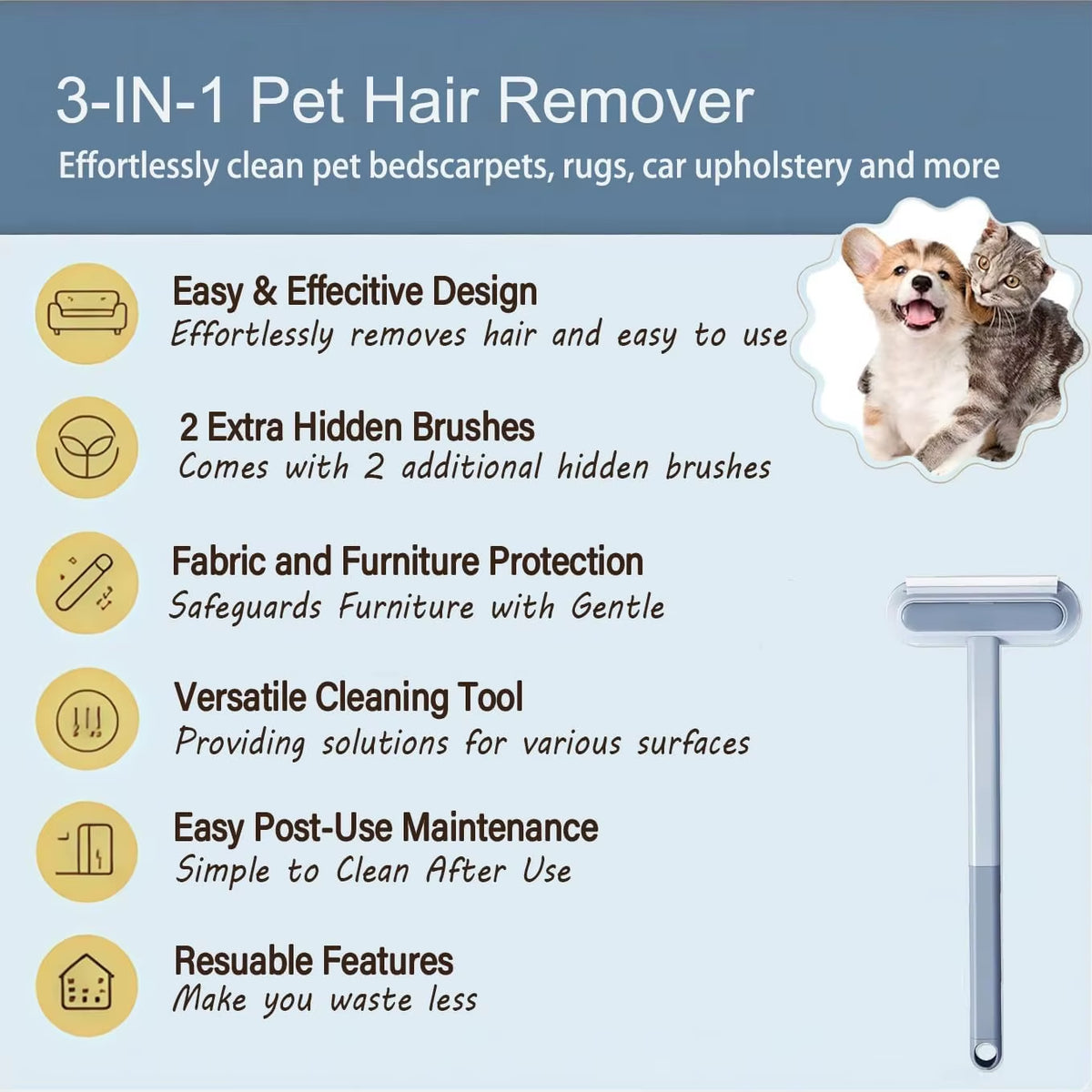 Pet Hair Remover Tool 4-In-1 Reusable Lint Brush for Dog Cat Fur Removal on Couch Carpet Clothes Bed Furniture Car Upholstery