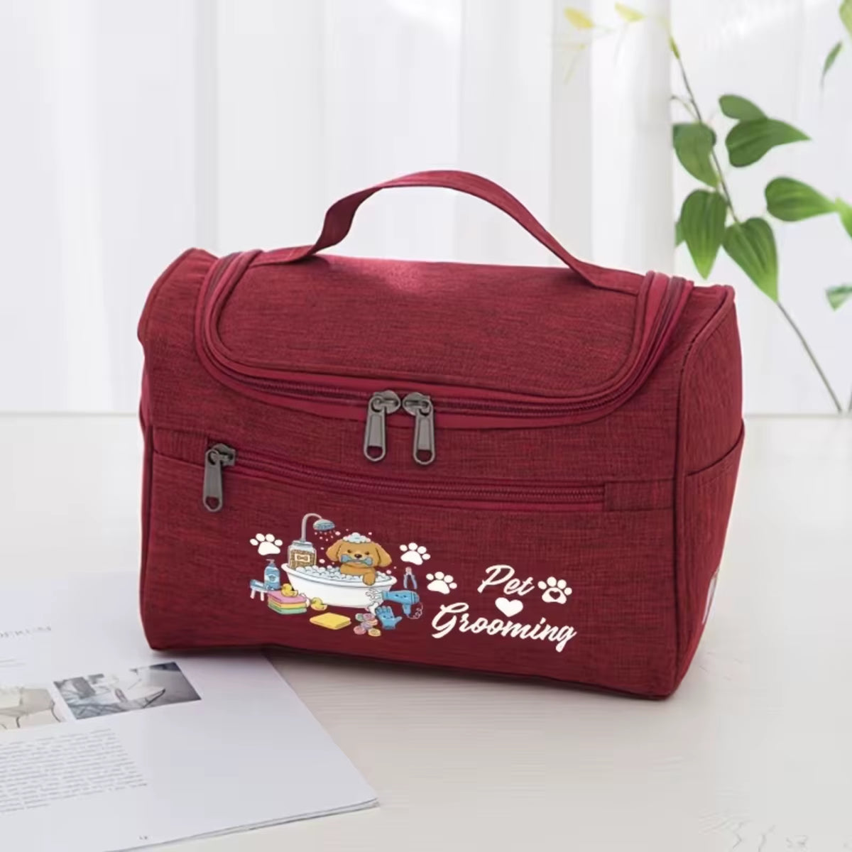 Pet Grooming Travel Storage Bag, Cute Dog Bath Print Pet Supply Organizer, Hanging Portable Grooming Accessory Pouch
