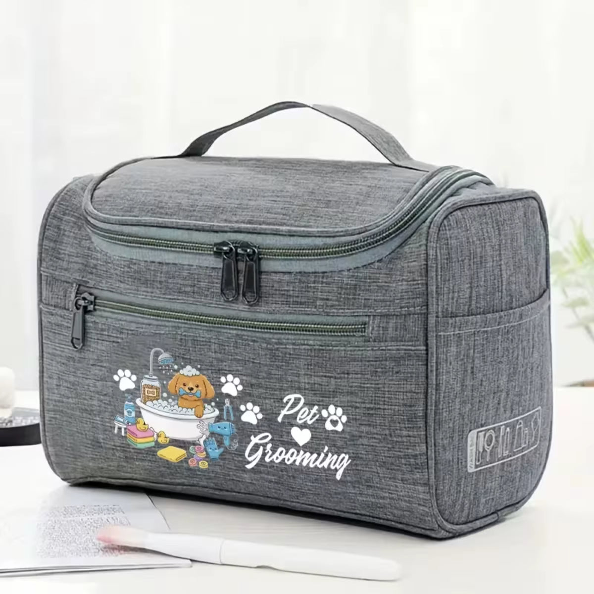 Pet Grooming Travel Storage Bag, Cute Dog Bath Print Pet Supply Organizer, Hanging Portable Grooming Accessory Pouch