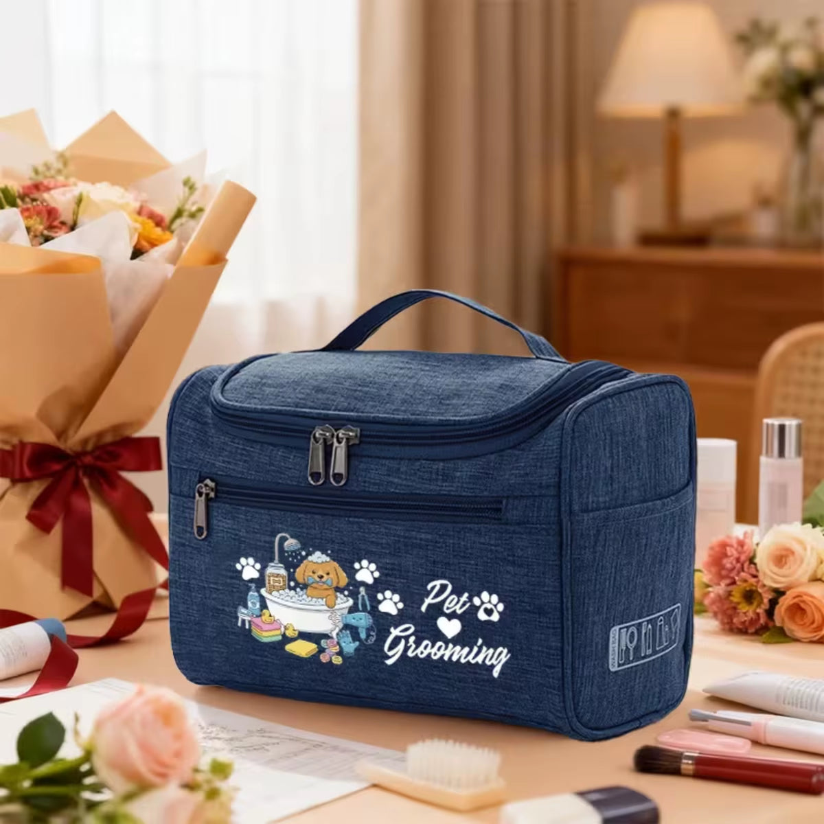 Pet Grooming Travel Storage Bag, Cute Dog Bath Print Pet Supply Organizer, Hanging Portable Grooming Accessory Pouch