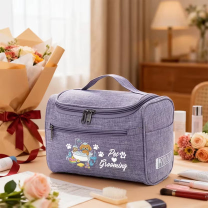 Pet Grooming Travel Storage Bag, Cute Dog Bath Print Pet Supply Organizer, Hanging Portable Grooming Accessory Pouch