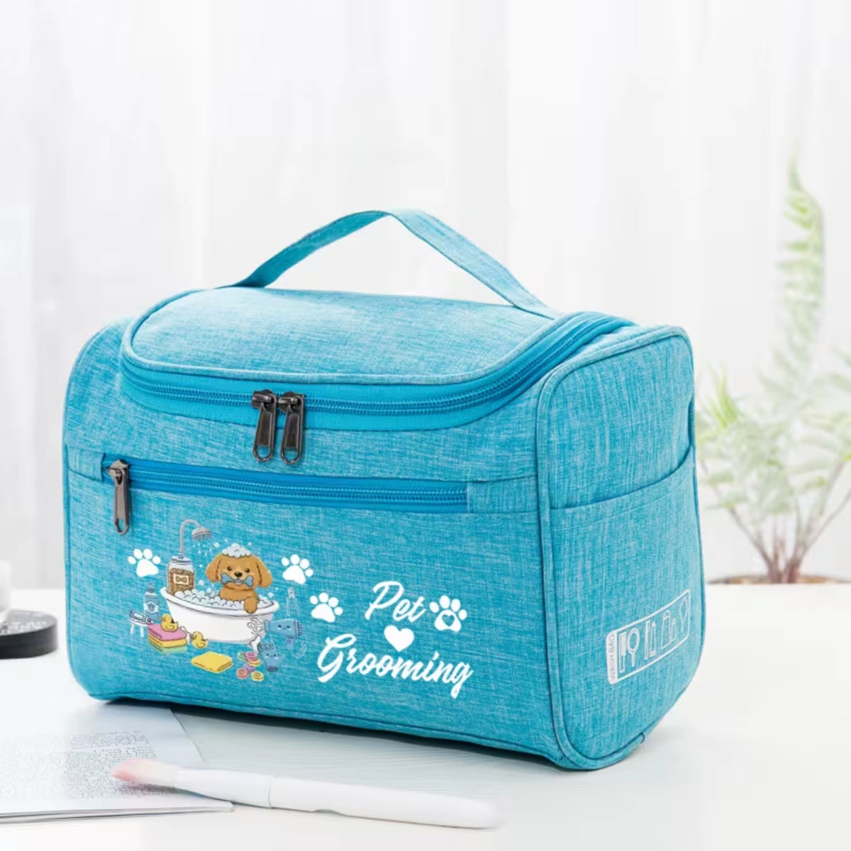Pet Grooming Travel Storage Bag, Cute Dog Bath Print Pet Supply Organizer, Hanging Portable Grooming Accessory Pouch